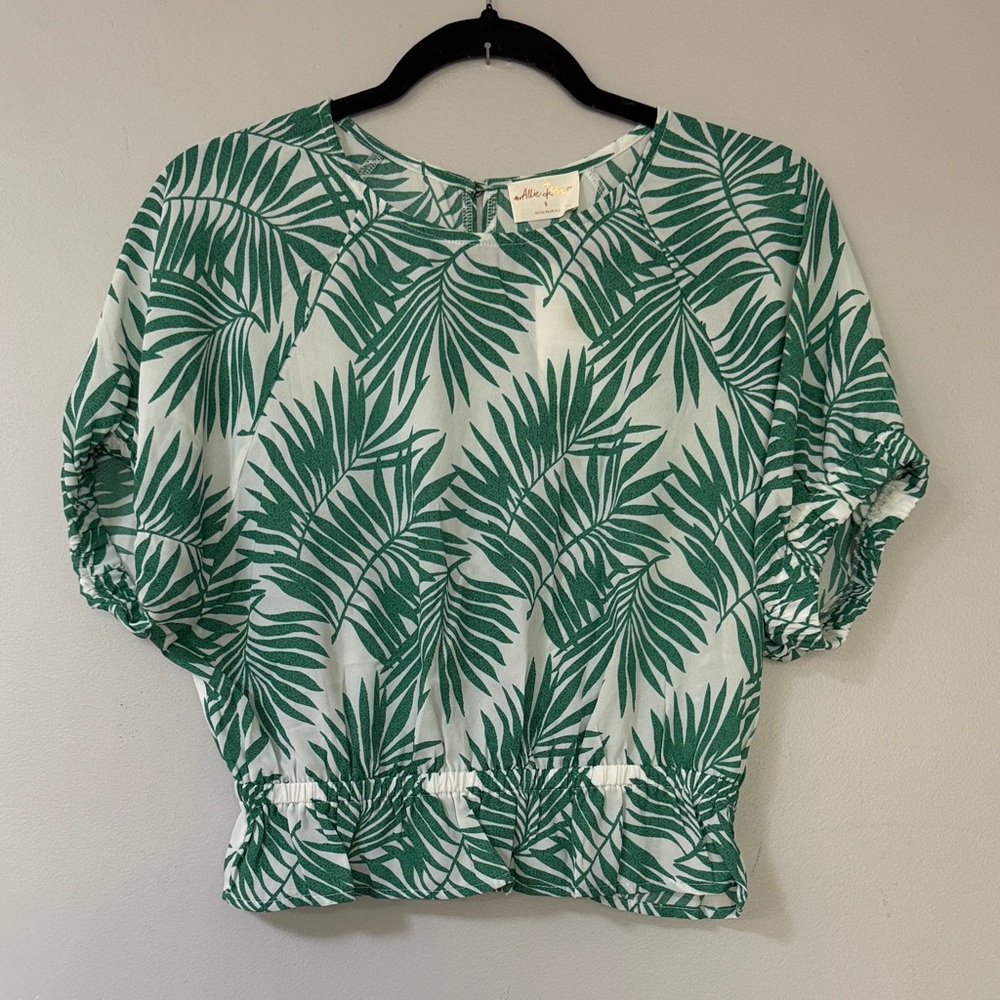 Maeve Green Palm-Print Short Sleeve Blouse